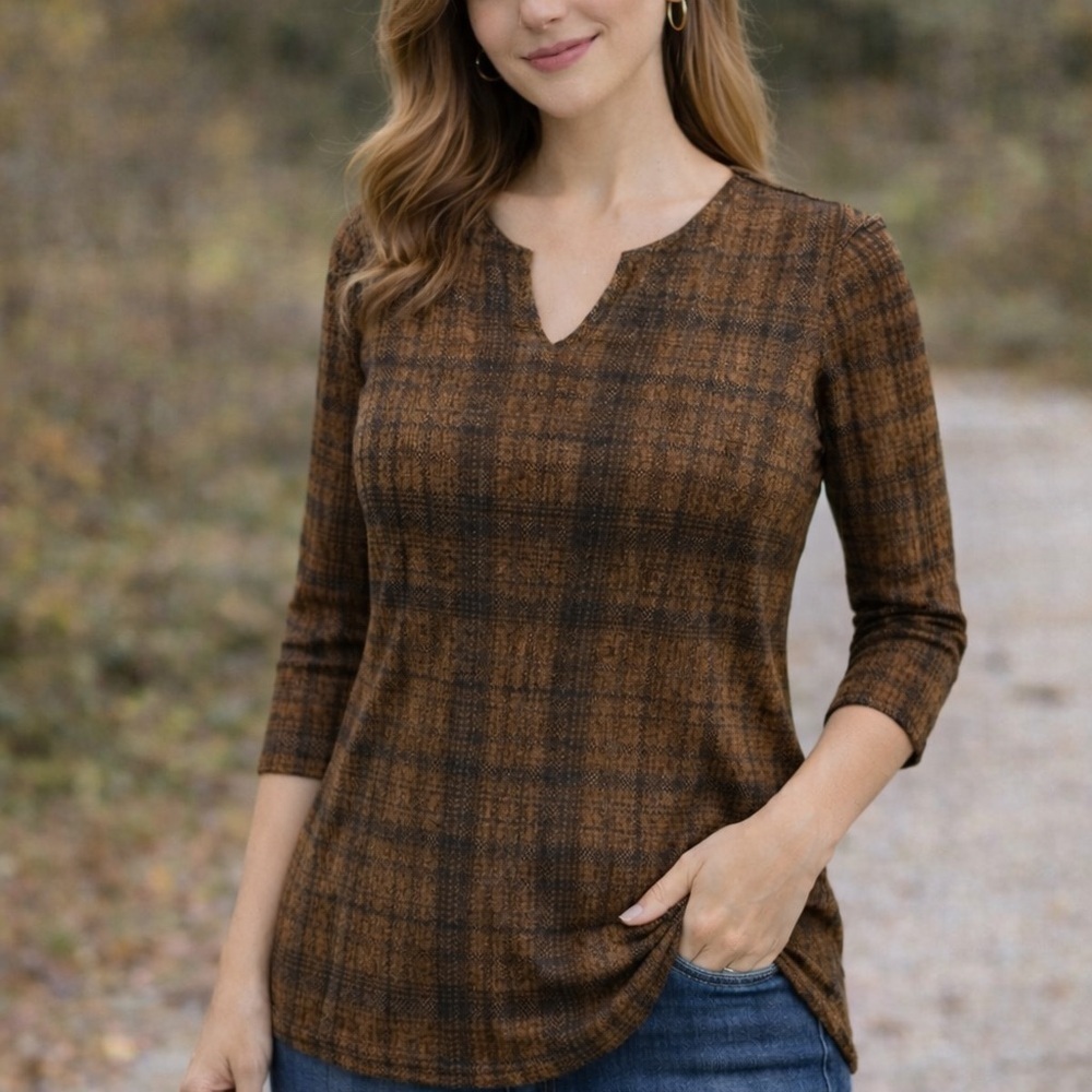 Premise Studio Women’s 3/4 Sleeve Plaid Blouse Shimmer NWT